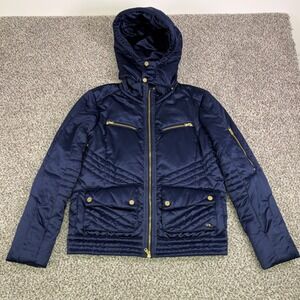 Ralph Lauren Golf Navy Blue Quilted Puffer Jacket Hooded Gold Hardware Womens M
